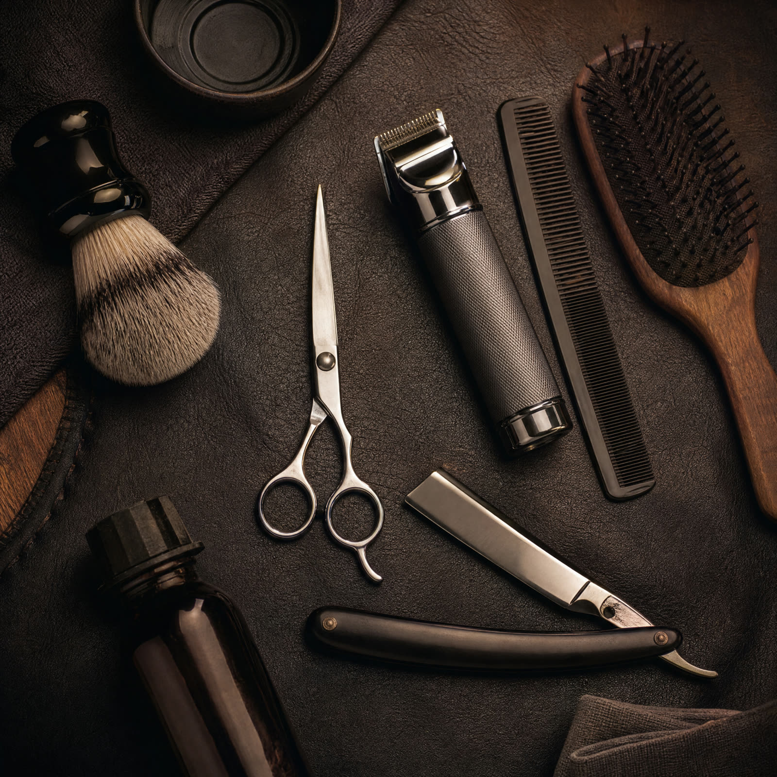 Barbier-Werkzeug: Rasiermesser, Schere, Maschine